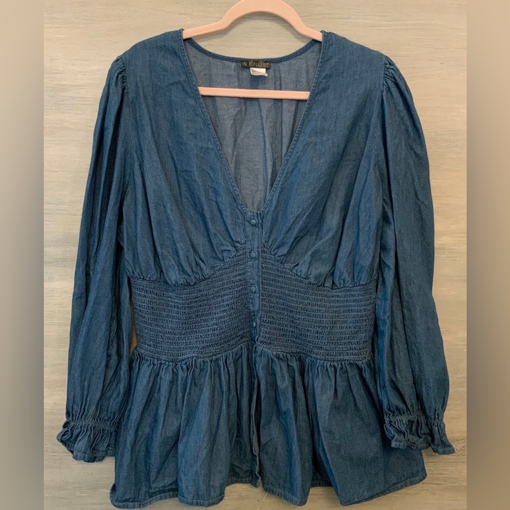 Venus Denim Blouse US Size 20 Shirred Corset‎ Waist VNeck Poof Sleeve Peplum GC